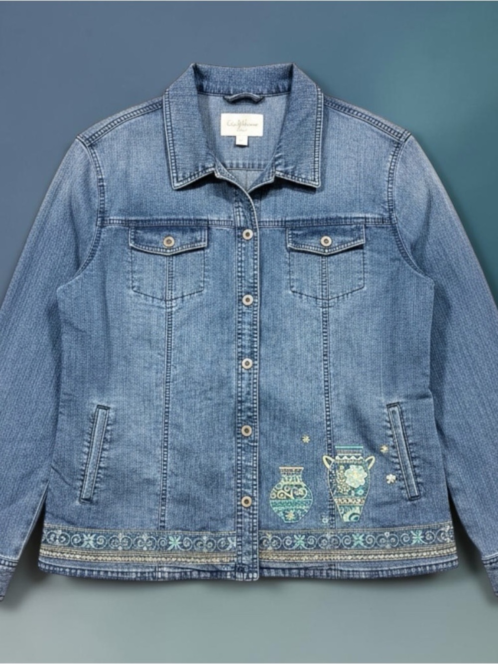 Vintage Alfred Dunner Women’s Size 20 Blue Embroidered Denim Jacket Stretch